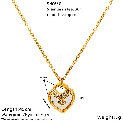 304 Stainless Steel Pave Clear Cubic Zirconia Pendant Necklaces with Natural White Shell for Women WGBBDC7-02-1