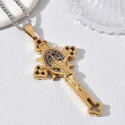 Religion 201 Stainless Steel Enamel Saint Benedict Crucifix Cross Pendant 304 Stainless Steel Box Chain Necklaces SA-CBA3211-03GP-1