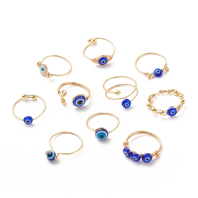 10Pcs 10 Style Resin & Lampwork Evil Eye Beaded Finger Rings RJEW-JR00478-1
