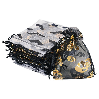 40Pcs 4 Styles Halloween Theme Spider Bat Skull Printed Organza Drawstring Bags ABAG-TA0002-03-1