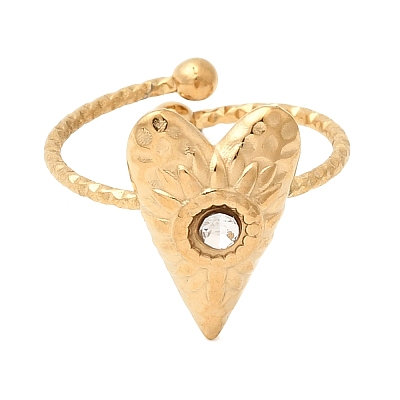 Texture Heart 304 Stainless Steel Rhinestone Cuff Open Finger Rings for Women RJEW-A091-10G-1