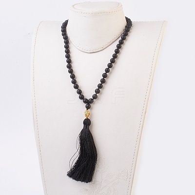 Natural Dyed & Heated Black Agate Buddha Mala Beads Necklaces NJEW-JN02129-01-1