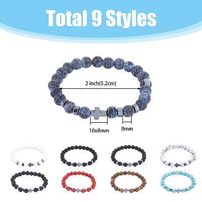 9Pcs 9 Style Natural & Synthetic Mixed Stone & Synthetic Hematite Cross Beaded Stretch Bracelets Set BJEW-FI0001-49-1
