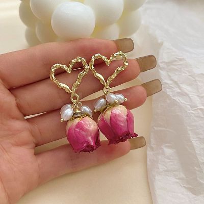 Heart Brass Shell Pearl Dangle Stud Earrings FS-WGDBC6E-01-1