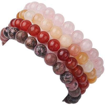 4Pcs Constellation 8mm Round Natural Rhodonite & Rose Quartz & Dyed Jade & Carnelian Beaded Stretch Bracelets for Women BJEW-JB10642-1