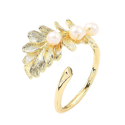 Brass Leaf Open Cuff Ring with Natural Pearl Beaded for Women RJEW-K090-02G-1