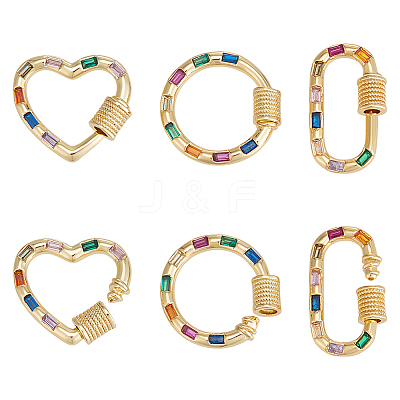 6Pcs 3 Styles Brass Micro Pave Cubic Zirconia Screw Carabiner Lock Charms ZIRC-UN0001-15-1