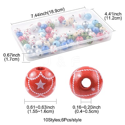 60Pcs 10 Styles Christmas Spray Painted Schima Wood Beads WOOD-FS0002-45-1