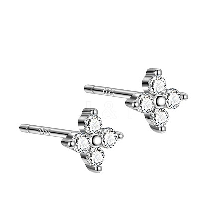 Rhodium Plated Clover 999 Sterling Silver Cubic Zirconia Stud Earrings for Women EJEW-S215-16P-1