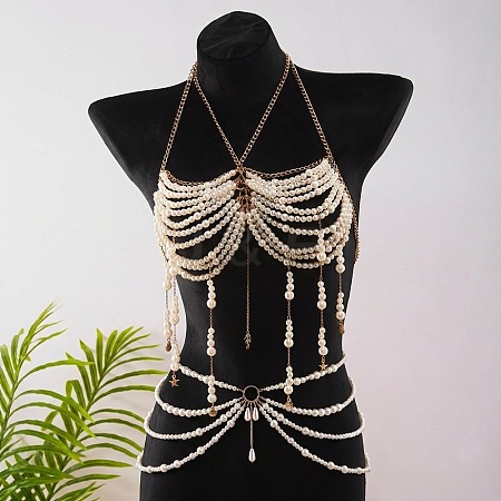 Alloy Sea Horse Imitation Pearl Round Beaded Layered Tassel Body Chest Waist Chains WGA0E03-03-1