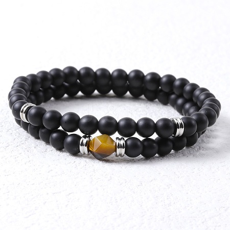 2Pcs Natural Obsidian & Tiger Eye Beads Stretch Bracelet Set with Stainless Steel Beads AM3133-1