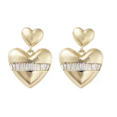 Heart Brass Dangle Stud Earrings with Cubic Zirconia EJEW-G371-06G-1