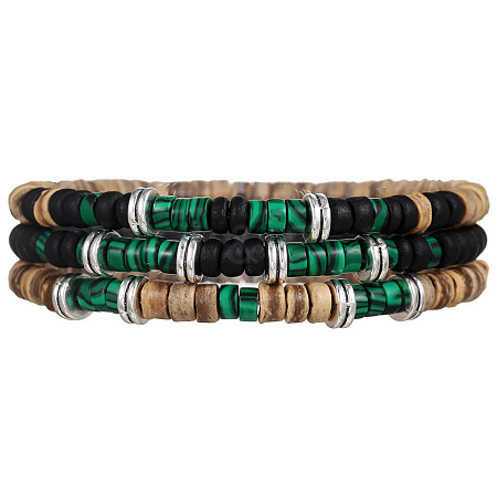 Synthetic Malachite & Coconut Shell Bead Stretch Bracelets PW-WGEF9FC-01-1