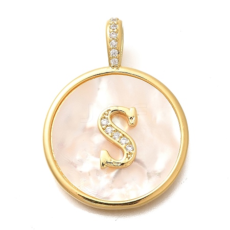 Rack Plating Brass Micro Pave Clear Cubic Zirconia Pendants with Shell KK-M309-42G-S-1