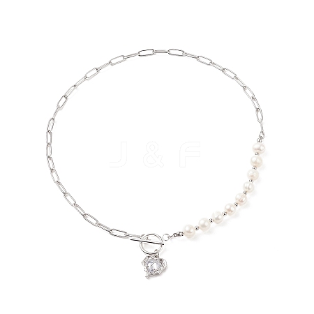 Clear Cubic Zirconia Heart Pendant Necklace with Natural Pearl Beaded NJEW-TA00048-1