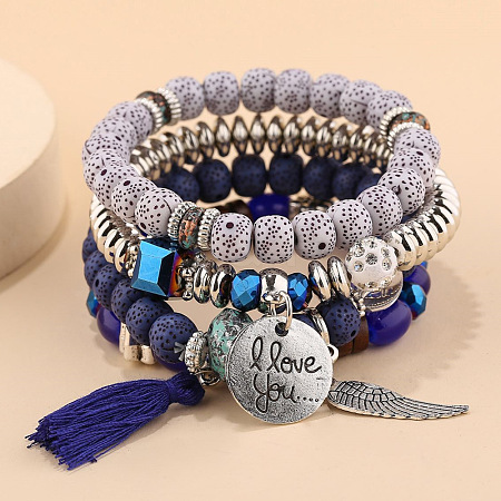 Bohemin Style Natural Moon and Star Xingyue Bodhi Beads Stretch Bracelet Set WG2BA1D-05-1