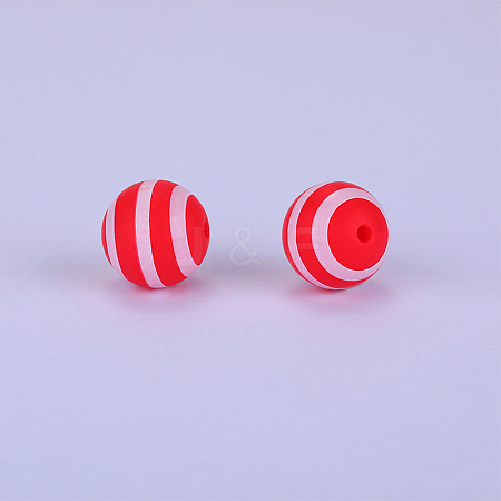 Printed Round with Stripe Pattern Silicone Focal Beads SI-JX0056A-142-1