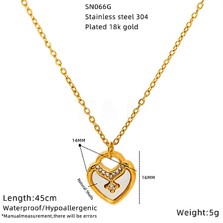 304 Stainless Steel Pave Clear Cubic Zirconia Pendant Necklaces with Natural White Shell for Women WGBBDC7-02-1