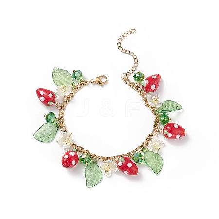 Plastic Imitation Pearl Flower & Acrylic Leaf & Lampwork Strawberry Charms Bracelet BJEW-TA00181-1