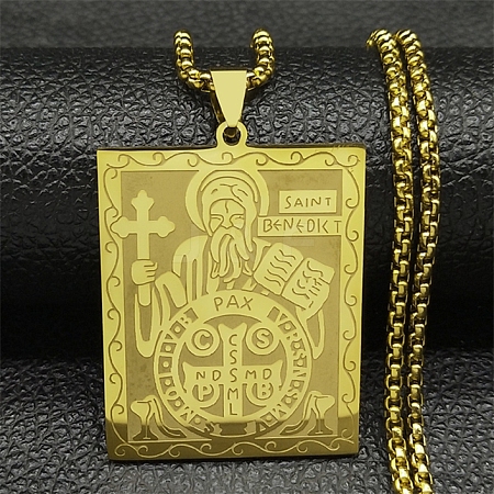 304 Stainless Steel Box Chain Saint Benedict Medal Rectangle Necklaces NJEW-S003-04G-1