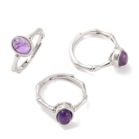 Oval Natural Amethyst Adjustable Rings RJEW-Q817-04P-03-1