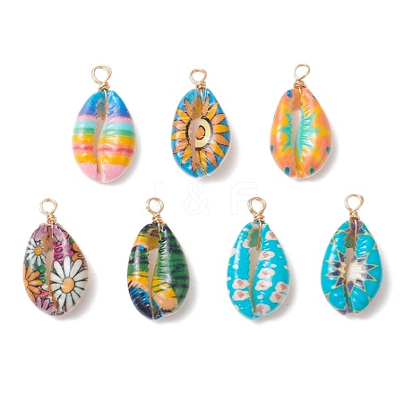 Printed Natural Cowrie Shell Pendants PALLOY-JF03991-S-1