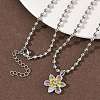Brass Pave Pink and Clear Cubic Zirconia with Enamel Flower Pendant Ball Chain Necklaces NJEW-G183-04P-1