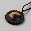 Natural Tiger Eye & Wood Flower Pendant Necklace with Adjustable Nylon Cords NJEW-WH0002-118A-1