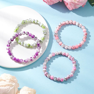 Drawbench & Baking Paint Round Glass Stretch Bracelets BJEW-JB12614-1