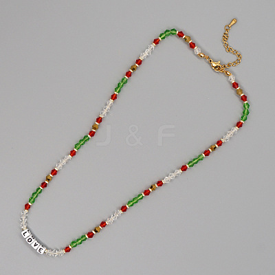 Christmas Theme Glass & Imitation Pearl & Brass LOVE Bicone Beaded Necklaces LS-GF3195-10-1