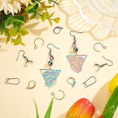 64Pcs 4 Style Rainbow Color 304 Stainless Steel Earring Hooks & Leverback & Hoop Earring Findings STAS-DC0010-34-1