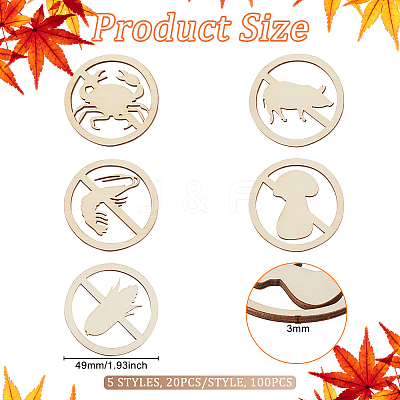100Pcs 5 Styles Unfinished Wooden Cutouts WOOD-OC0002-88-1
