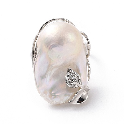 Natural Pearl Nugget with Cubic Zirconia Leaf Open Cuff Ring RJEW-P033-02P-02A-1