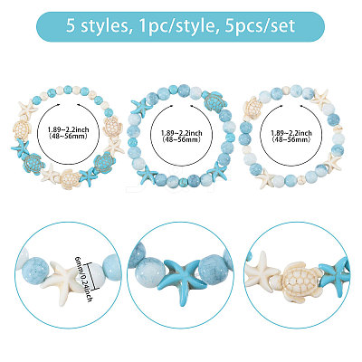 5Pcs Ocean Theme Synthetic Turquoise & Shell Beads Bracelet Sets BJEW-CA00001-1