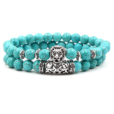 2Pcs Synthetic Turquoise Stretch Bracelet Sets for Women Men IX3190-3-1