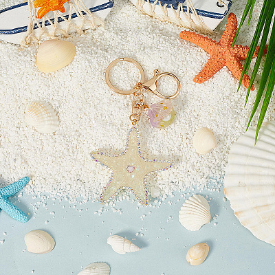 1Pc Diamond-Studded Starfish Shell Car Zinc Alloy
 Keychain Acrylic Cute Men and Women Bag Pendant Metal Keychain Ring Gift KEYC-SP0001-18B-1