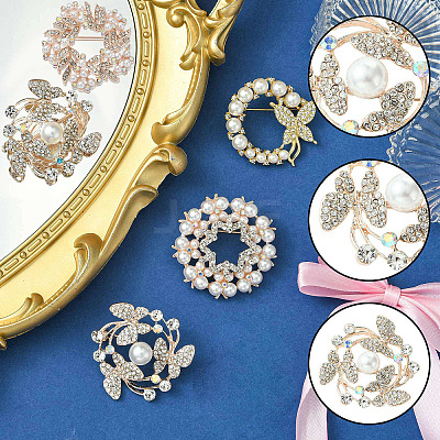 4Pcs 4 Styles Flower & Butterfly Plastic Imitation Pearl Beads Brooch JEWB-CJ0001-29-1