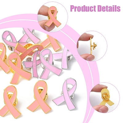 12Pcs 2 Styles Breast Cancer Awareness Pink Ribbon Enamel Pin JEWB-FS0001-08-1