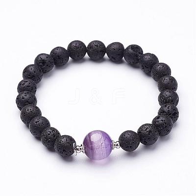 Natural Lava Rock Beaded Stretch Bracelets BJEW-JB02618-1
