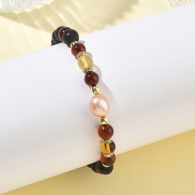 Natural Lava Rock & Amber & Cultured Freshwater Pearl Beaded Stretch Bracelets for Women BJEW-JB13722-1