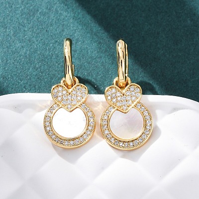 Heart with Flat Round Brass Micro Pave Clear Cubic Zirconia Hoop Earrings KK-D363-11B-G-1