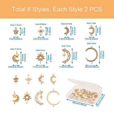 Kissitty 16Pcs 8 Style Brass Clear Cubic Zirconia Links Connectors ZIRC-KS0001-03-1