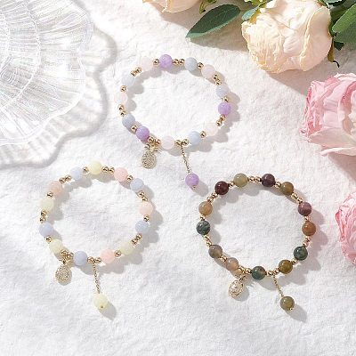 3Pcs Natural Aquamarine & Rose Quartz & Amethyst & Indian Agate & White Jade Imitation Morganite Round Beaded Bracelets BJEW-JB11933-1