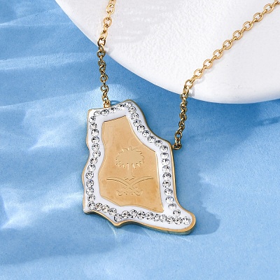 304 Stainless Steel Crystal Rhinestone Saudi Arabia Country Map Pendant Necklaces NJEW-R026-08G-1