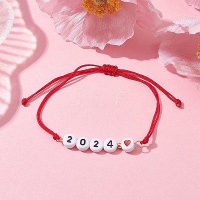 Heart with Word 2024 Acrylic Braided Bead Bracelet BJEW-JB09780-01-1