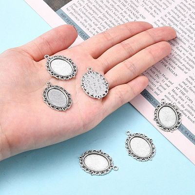 Tibetan Style Antique Silver Alloy Flat Oval Pendant Cabochon Settings X-TIBEP-M022-19AS-1