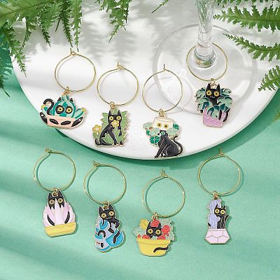 12Pcs 12 Styles Plant Cat Alloy Enamel Wine Glass Charms AJEW-JO00212-1