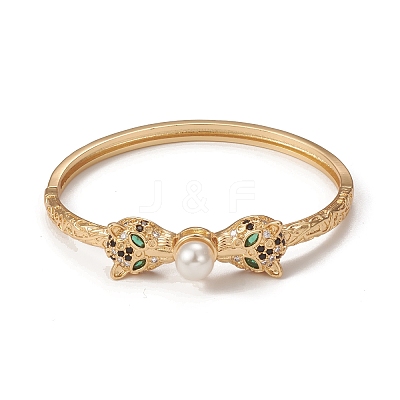 Rack Plating Brass Micro Pave Cubic Zirconia Leopard Bangles with Plastic Bead BJEW-E071-26G-1