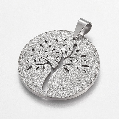 Non-Tarnish Trendy Flat Round with Tree Necklace Findings 304 Stainless Steel Textured Pendants STAS-L012-D09P-1