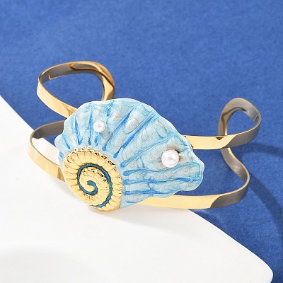Shell Shape 304 Stainless Steel Enamel Cuff Bangles for Women BJEW-A049-04A-G-1